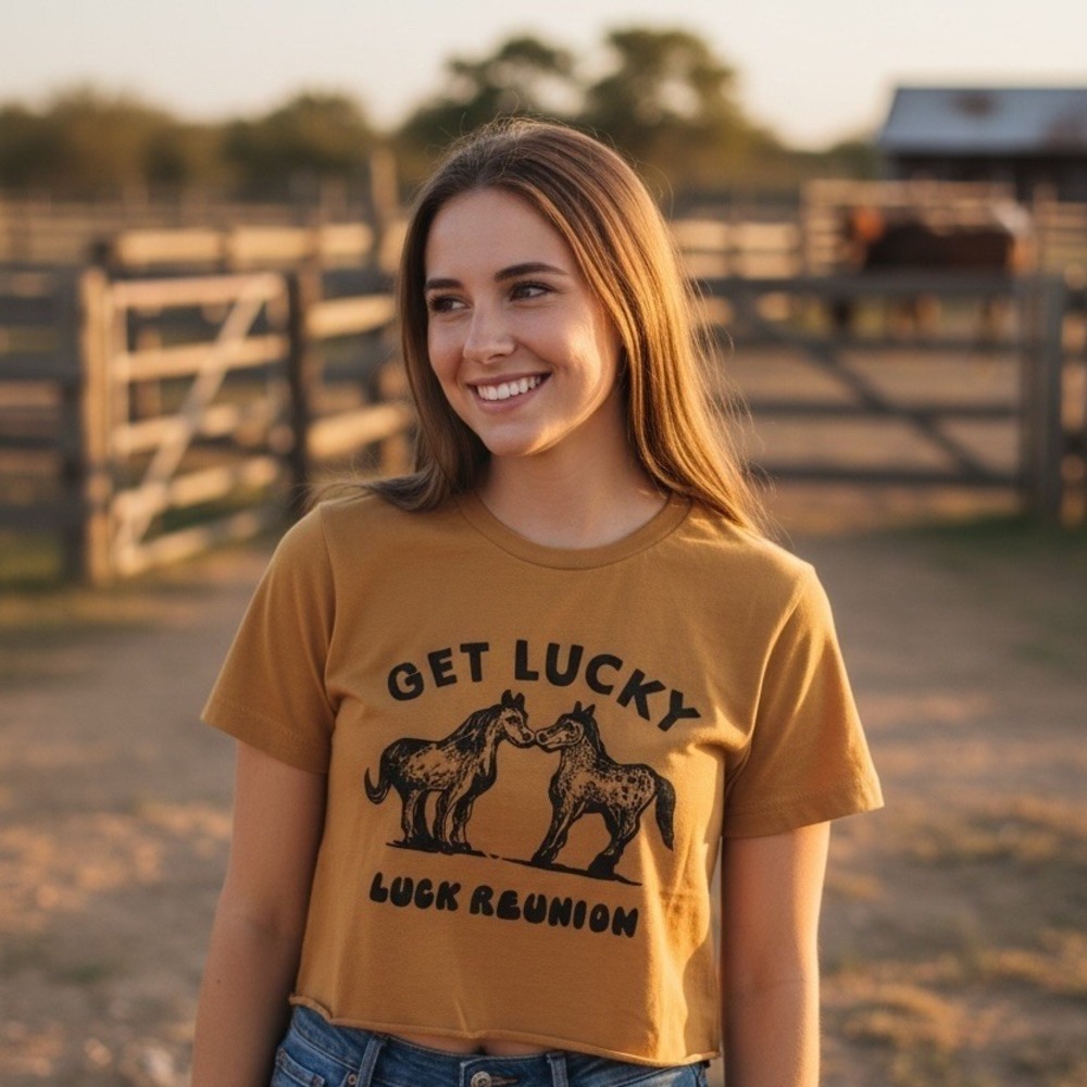 Willie Nelson ranch Get Lucky Cropped T-Shirt Womens S Mustard Horse Graphic